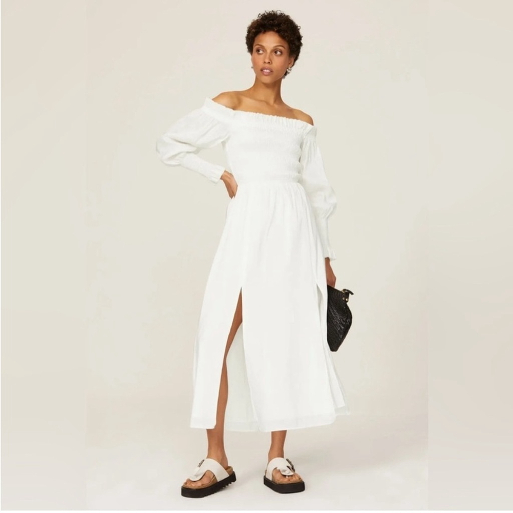 All Saints Lary Silk Blend Off Shoulder Balloon Sleeve Boho Midi Dress